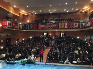 Vista della sala, dal palco dell’Eliseo, con la partecipazione di circa 180 studenti provenienti dalla Sardegna e da alcune Nazioni Europee